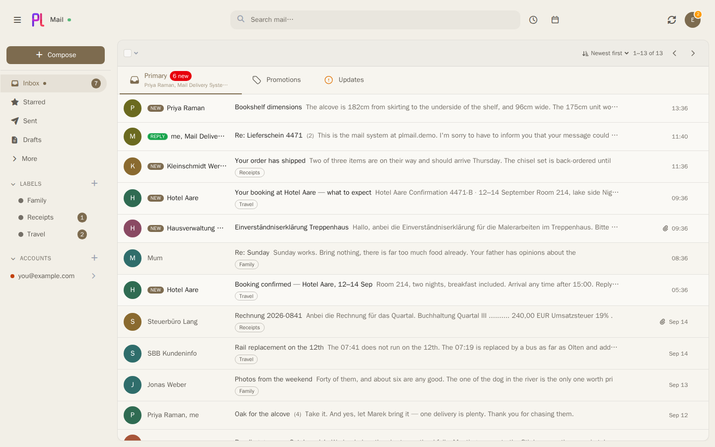 The plMail inbox